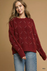 Umgee Pearl-Embellished Long Sleeve Sweater Red OutfitFlow